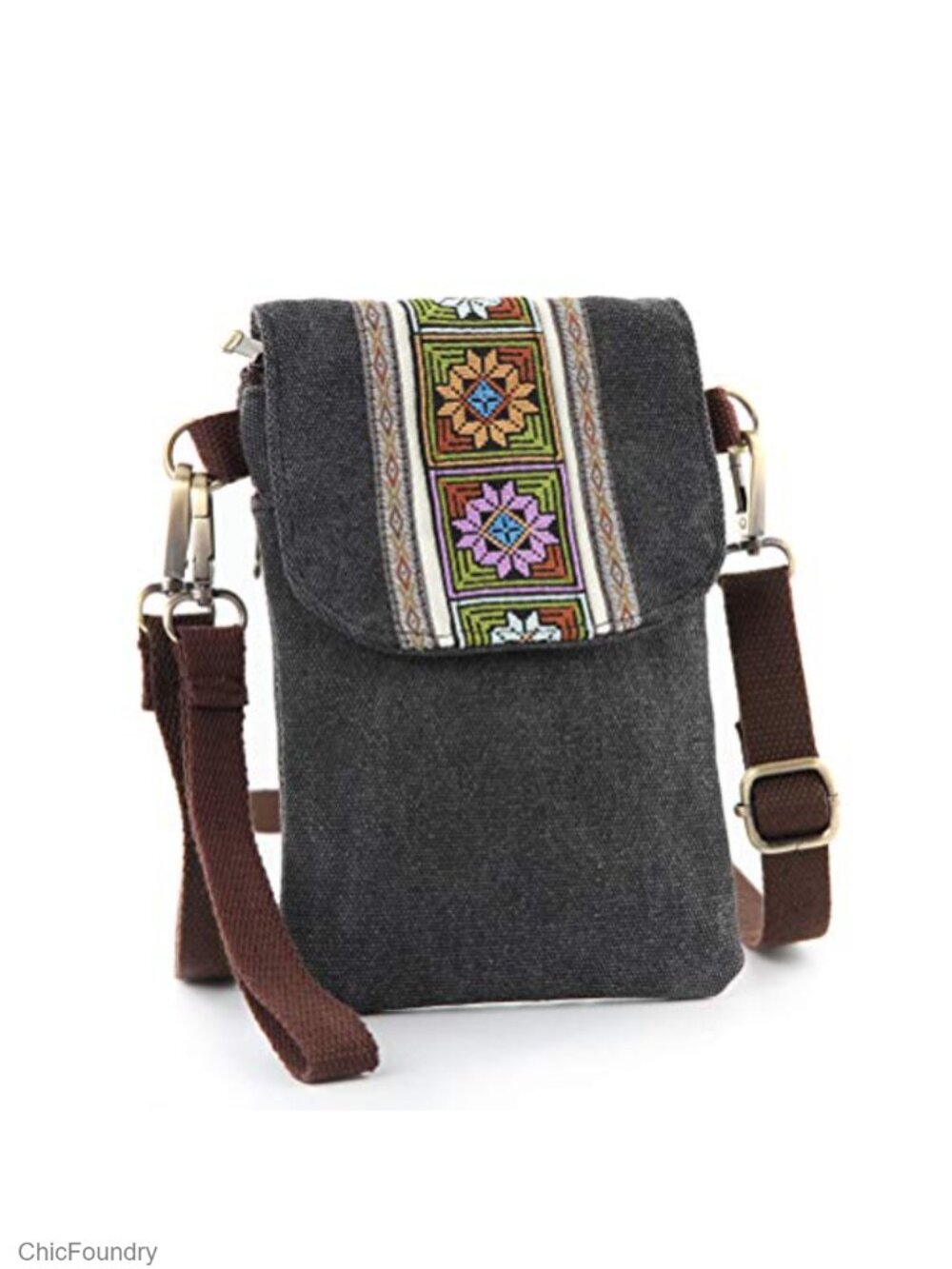 Vintage Embroidered Canvas Crossbody Phone Pouch Small Wristlet Wallet